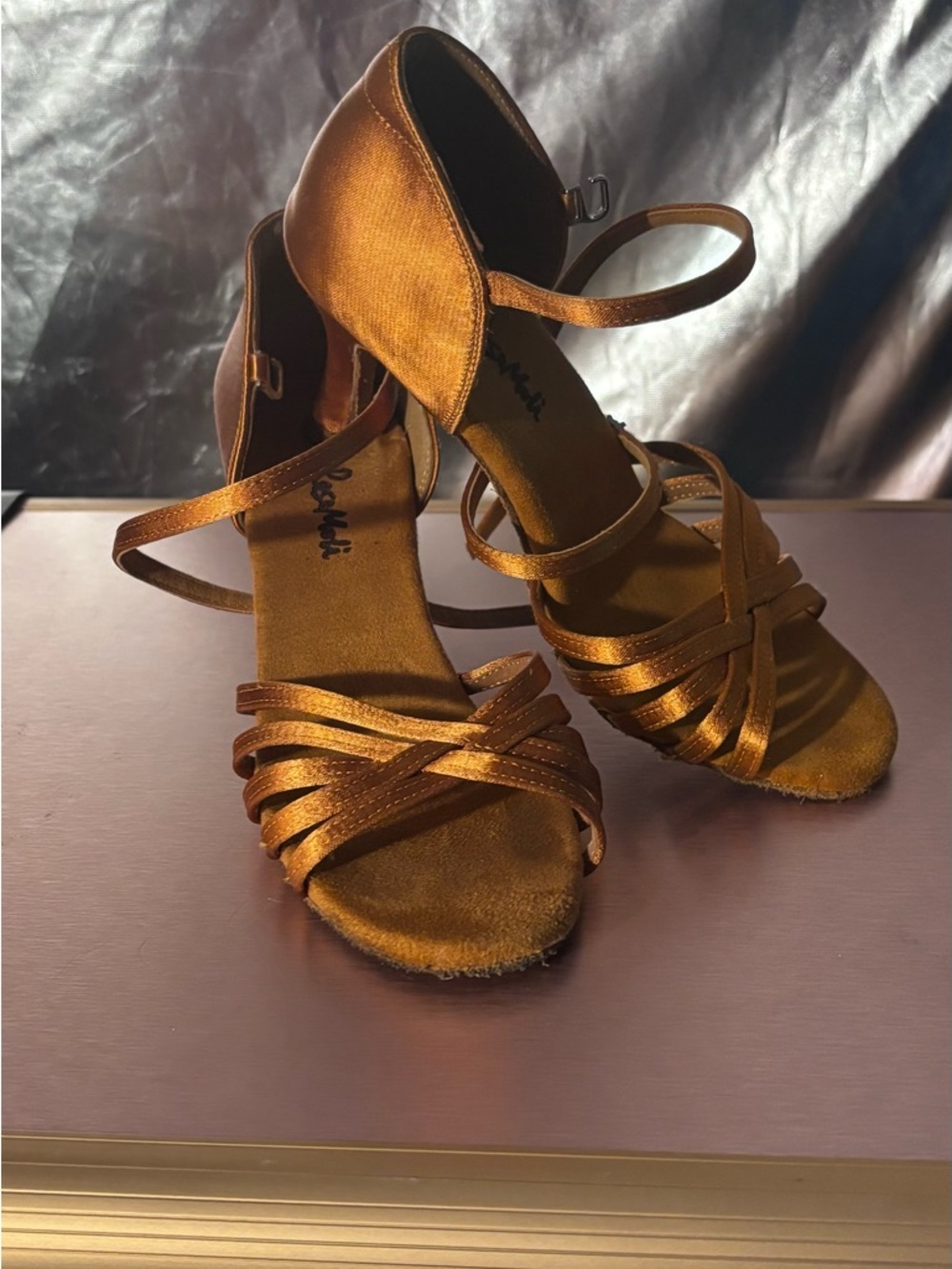 Satin Strappy Ballroom Latin Dance Heels in Bronze with Rhinestone clasp